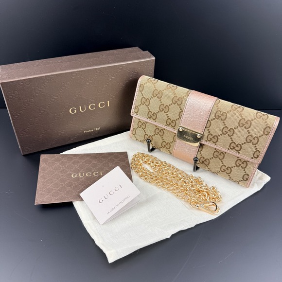 Gucci Ladies Bar Continental Wallet GG Supreme Rose Gold Leather WOC Chain Box - Picture 16 of 16
